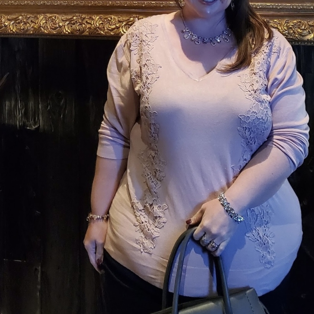 Lightweight Lane Bryant Sweater Raised Appliqué Embroidery Dusty Rose Pink 18/20 - Picture 6 of 16
